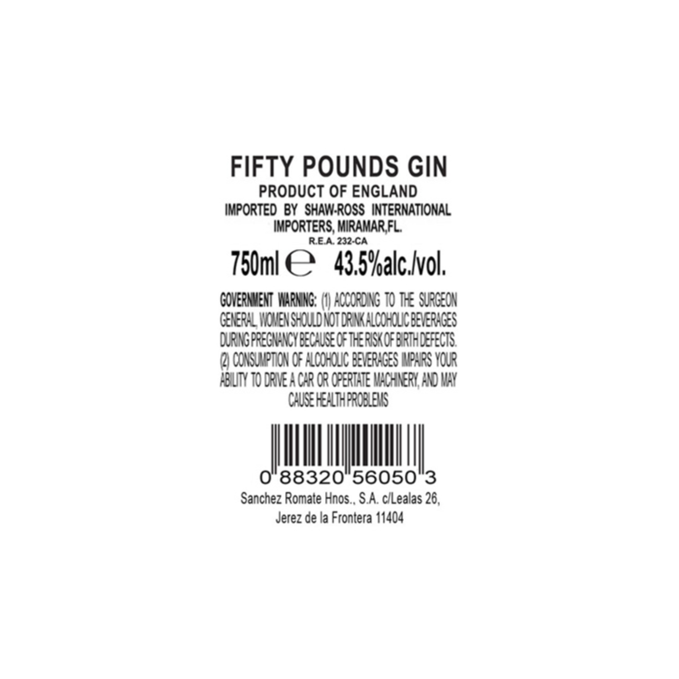 Fifty Pounds London Dry Gin Rare & Handcrafted 87 - 750ML - Back