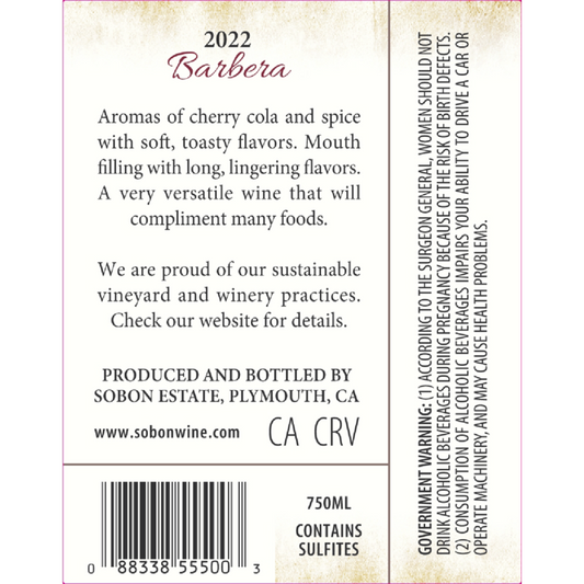 Sobon Estate Barbera Amador County 2023 - 750ML - Back Label