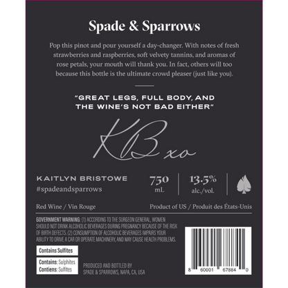 Spade & Sparrows Pinot Noir California - 750ML - Back Label