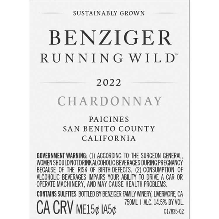 Benziger Family Winery Chardonnay Running Wild Paicines - 750ML - Back