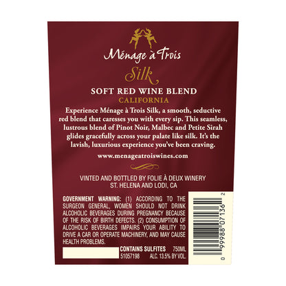 Menage A Trois Soft Red Blend Silk California - 750ML - Back Label