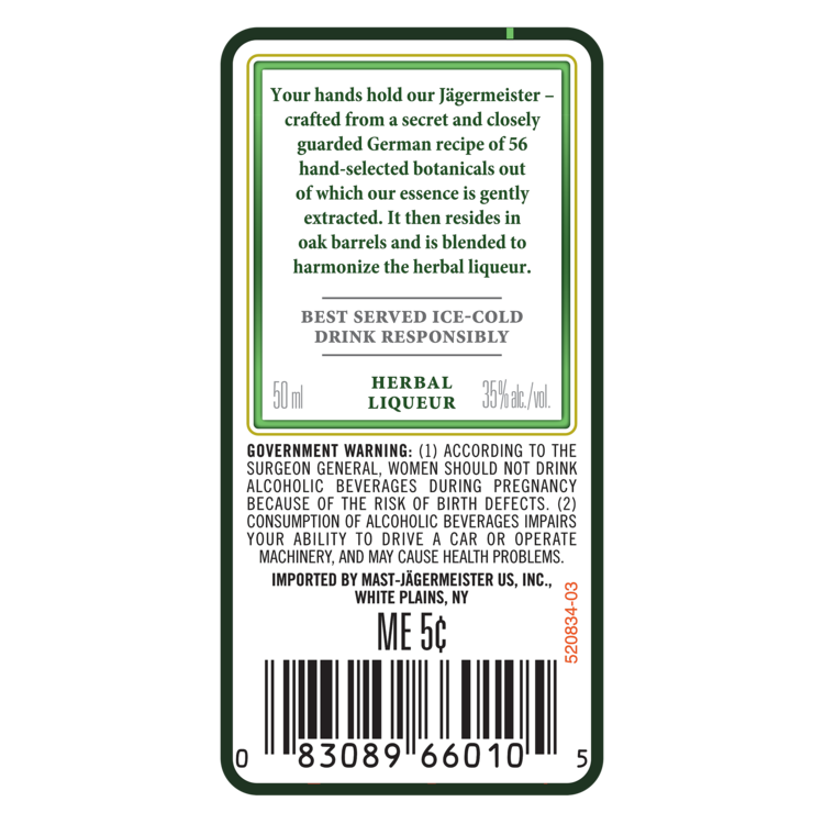 Jagermeister Herbal Liqueur 70 - 50ML - Back Label