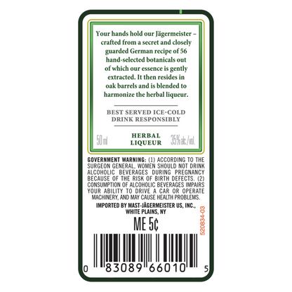 Jagermeister Herbal Liqueur 70 - 50ML - Back Label
