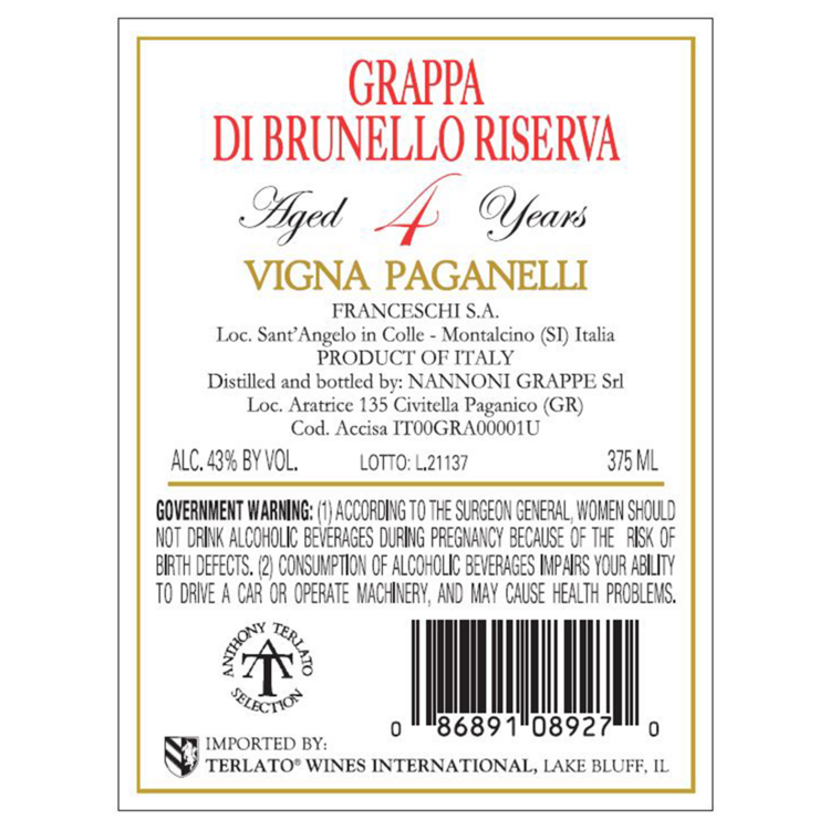 Il Poggione Grappa Brunello Di Montalcino Riserva 4 Yr 86 - 375ML - Back Label