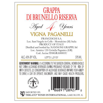 Il Poggione Grappa Brunello Di Montalcino Riserva 4 Yr 86 - 375ML - Back Label