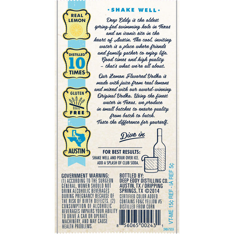 Deep Eddy Lemon Flavored Vodka 70 - 1.75L - Back Label