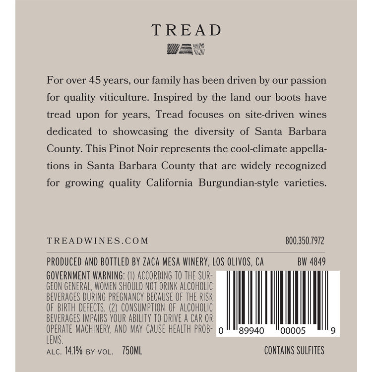 Tread Pinot Noir Santa Barbara County 2020 - 750ML - Back Label