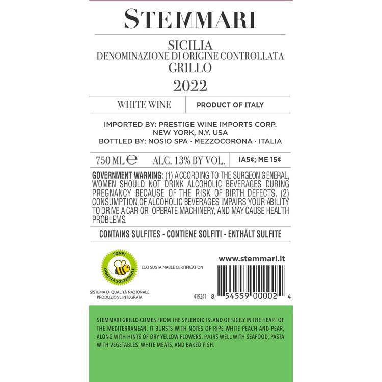 Stemmari Grillo Sicilia - 750ML - Back Label
