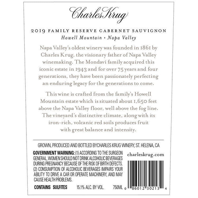 Charles Krug Cabernet Sauvignon Family Reserve Howell Mountain 2019 - 750ML