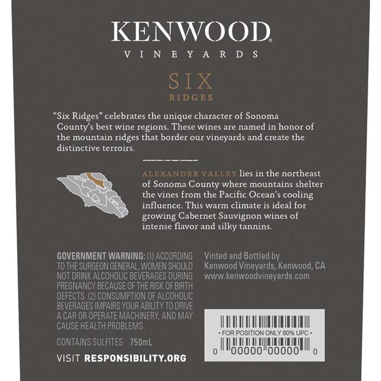 Kenwood Cabernet Sauvignon Six Ridges Alexander Valley - 750ML - Back Label