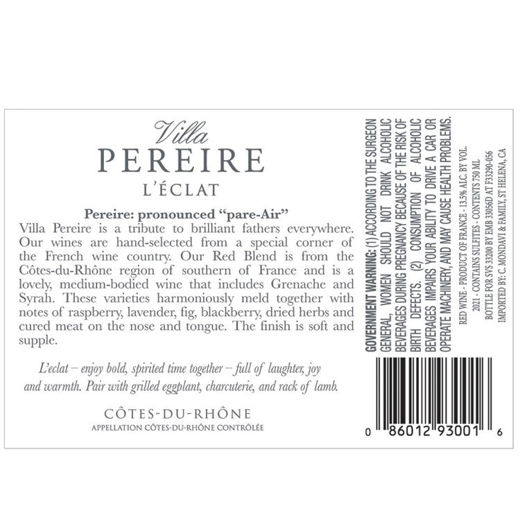 Villa Pereire Cotes Du Rhone Rouge L'Eclat 2021 - 750ML - Back Label