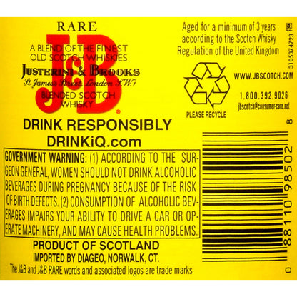 J&B Blended Scotch Rare 80 - 1.0L - Back Label