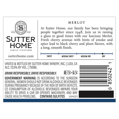 Sutter Home Merlot California - 750ML - Back Label