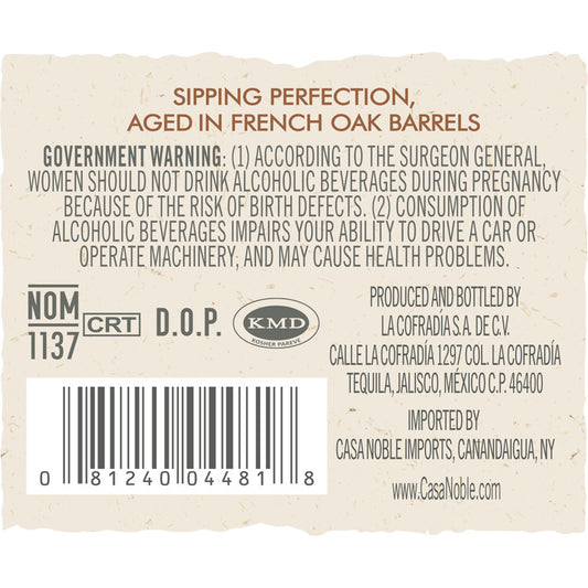 Casa Noble Tequila Reposado 80 - 750ML - Back Label