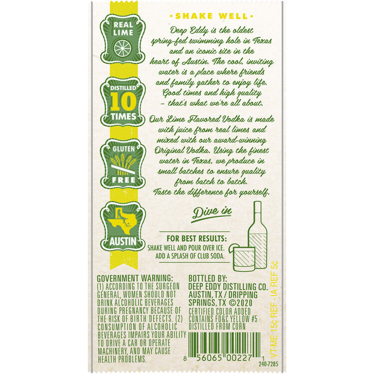Deep Eddy Lime Flavored Vodka 70 - 750ML - Back Label