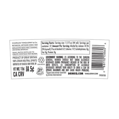 Tanqueray London Dry Gin Batch Distilled No. Ten 94.6 - 750ML - Back Label