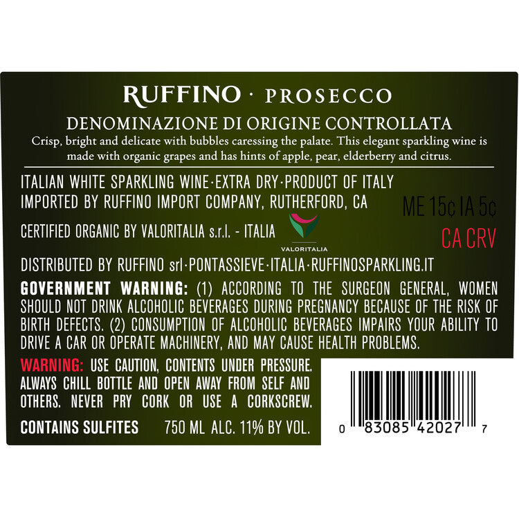 Ruffino Prosecco Brut Made With Organic Grapes - 750ML - Back Label