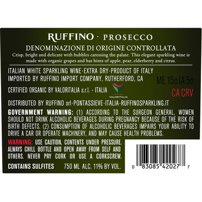 Ruffino Prosecco Brut Made With Organic Grapes - 750ML - Back Label