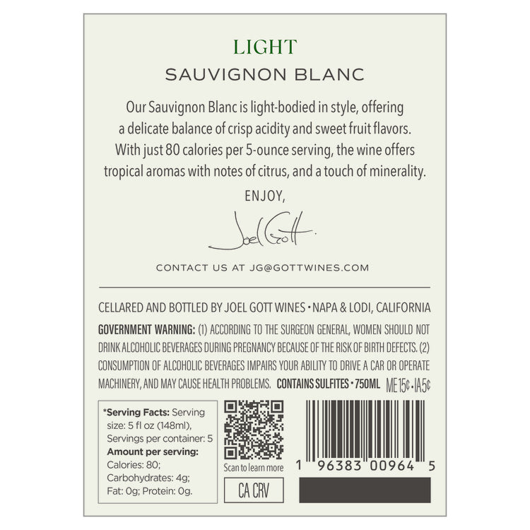 Joel Gott Sauvignon Blanc Light California 2024 - 750ML - Back Label