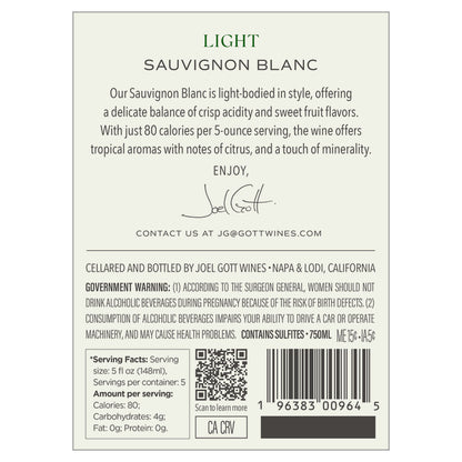 Joel Gott Sauvignon Blanc Light California 2024 - 750ML - Back Label