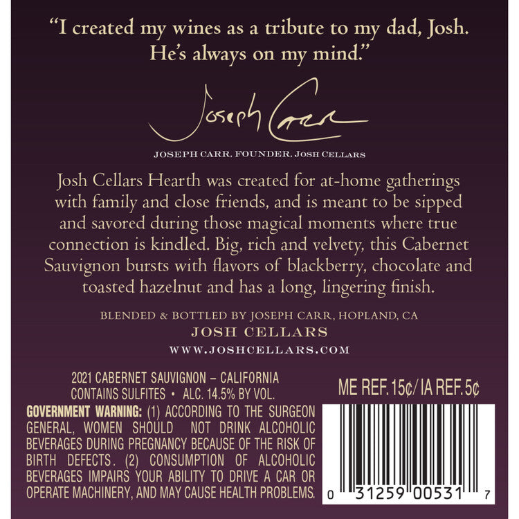 Josh Cellars Cabernet Sauvignon Hearth California - 750ML - Back Label