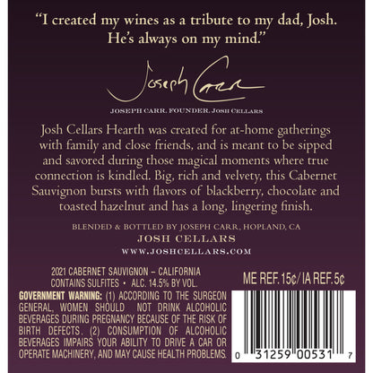 Josh Cellars Cabernet Sauvignon Hearth California - 750ML - Back Label