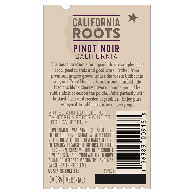 California Roots Pinot Noir California - 1.5L - Back Label