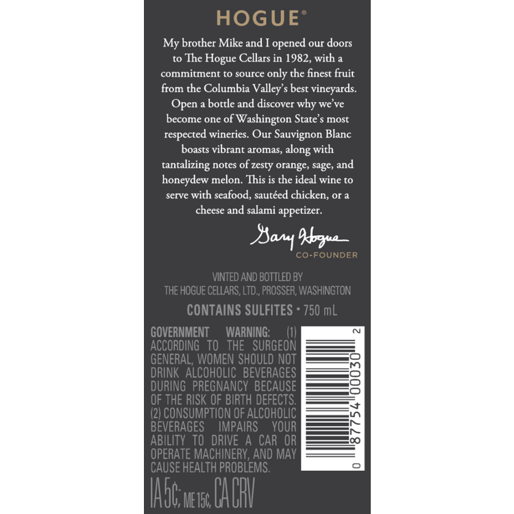 The Hogue Cellars Sauvignon Blanc Columbia Valley - 750ML - Back Label