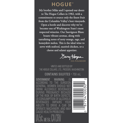 The Hogue Cellars Sauvignon Blanc Columbia Valley - 750ML - Back Label