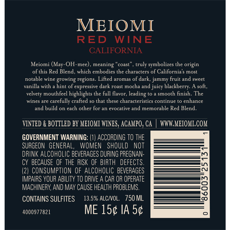 Meiomi Red Blend California - 750ML - Back Label