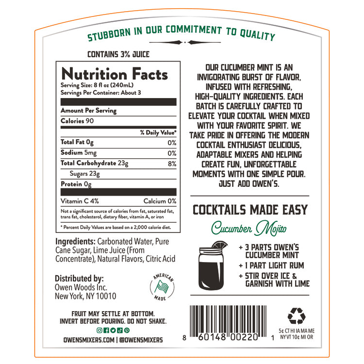 Owen's Craft Mixers Cucumber Mint - 750ML - Back Label