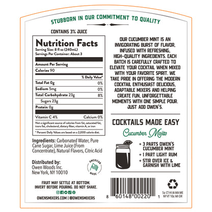 Owen's Craft Mixers Cucumber Mint - 750ML - Back Label