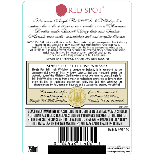 Red Spot Single Pot Still Irish Whiskey 15 Yr 92 - 750ML - Back Label