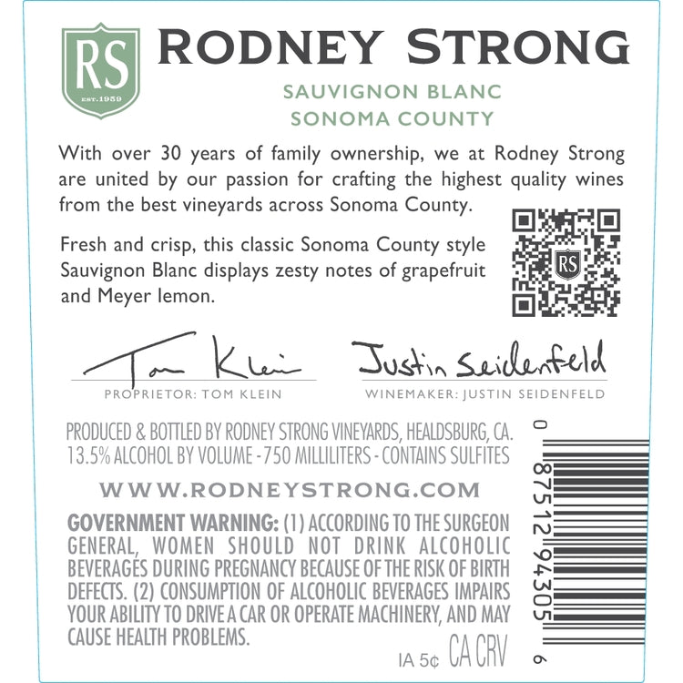 Rodney Strong Sauvignon Blanc Charlotte's Home Vineyard Sonoma County - 750ML - Back Label