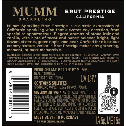 Mumm Sparkling Brut Prestige California - 750ML - Back Label