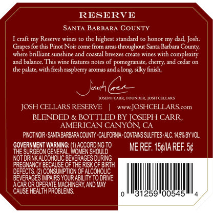 Josh Cellars Pinot Noir Reserve Santa Barbara County - 750ML - Back