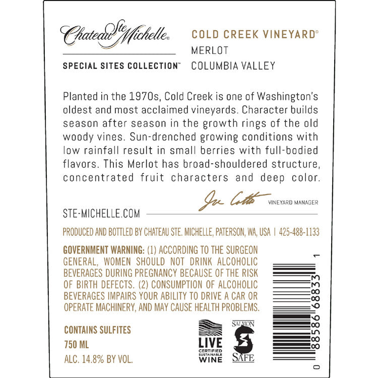 Chateau Ste. Michelle Merlot Cold Creek Vineyard Columbia Valley 2021 - 750ML - Back Label