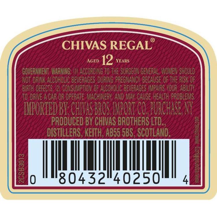 Chivas Regal Blended Scotch 12 Yr 80 No Carton - 1.0L - Back Label