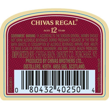 Chivas Regal Blended Scotch 12 Yr 80 No Carton - 1.0L - Back Label