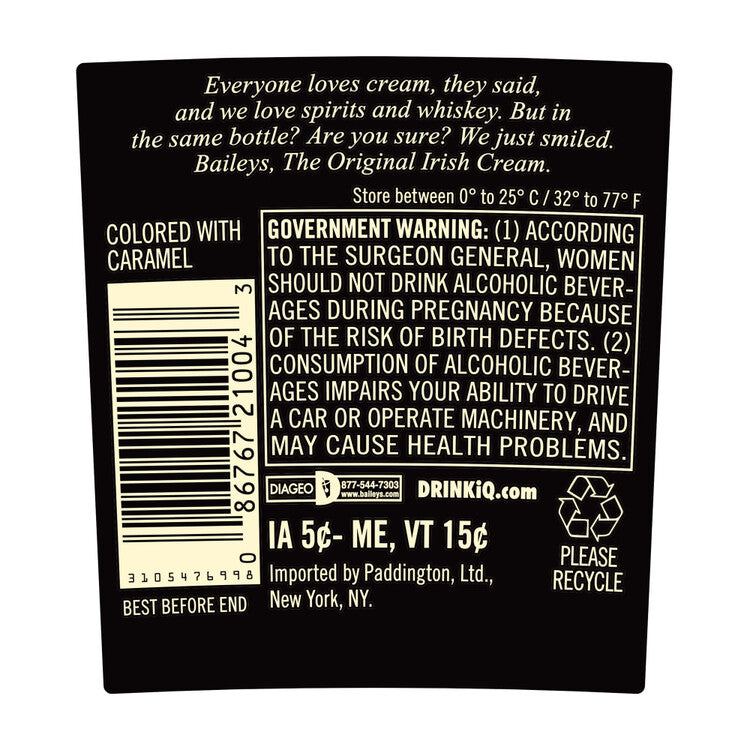 Baileys Irish Cream Liqueur The Original 34 - 1.0L - Back Label