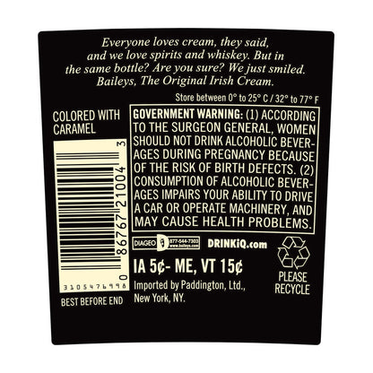 Baileys Irish Cream Liqueur The Original 34 - 1.0L - Back Label