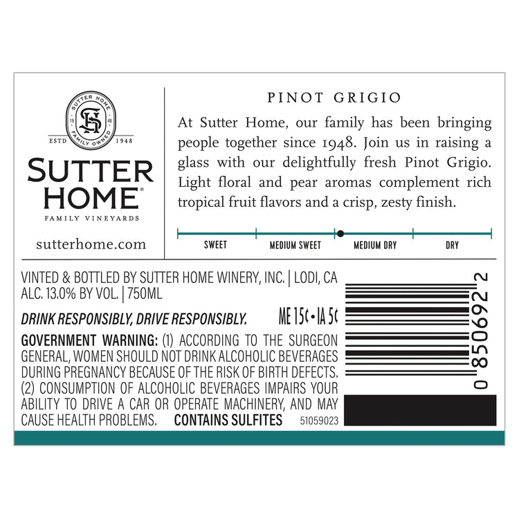 Sutter Home Pinot Grigio California - 750ML - Back Label