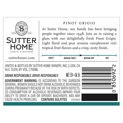 Sutter Home Pinot Grigio California - 750ML - Back Label