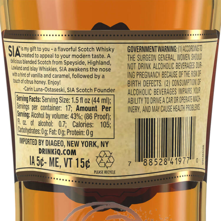 Sia Blended Scotch 86 - 750ML - Back Label