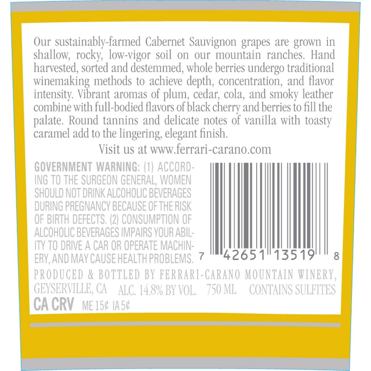 Ferrari Carano Cabernet Sauvignon Sonoma County 2022 - 750ML - Back Label