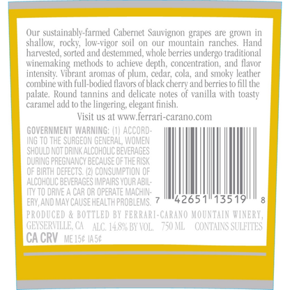 Ferrari Carano Cabernet Sauvignon Sonoma County 2022 - 750ML - Back Label