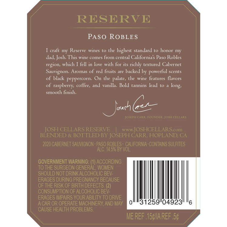 Josh Cellars Cabernet Sauvignon Reserve Paso Robles - 750ML - Back