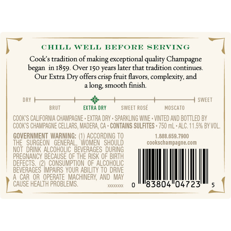 Cook's Extra Dry Champagne California - 750ML - Back Label