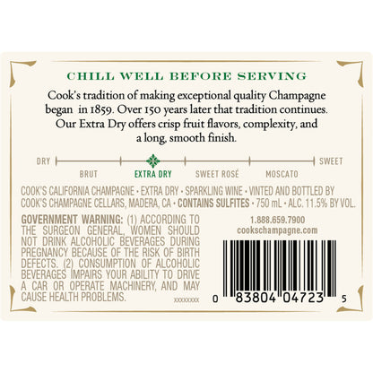 Cook's Extra Dry Champagne California - 750ML - Back Label