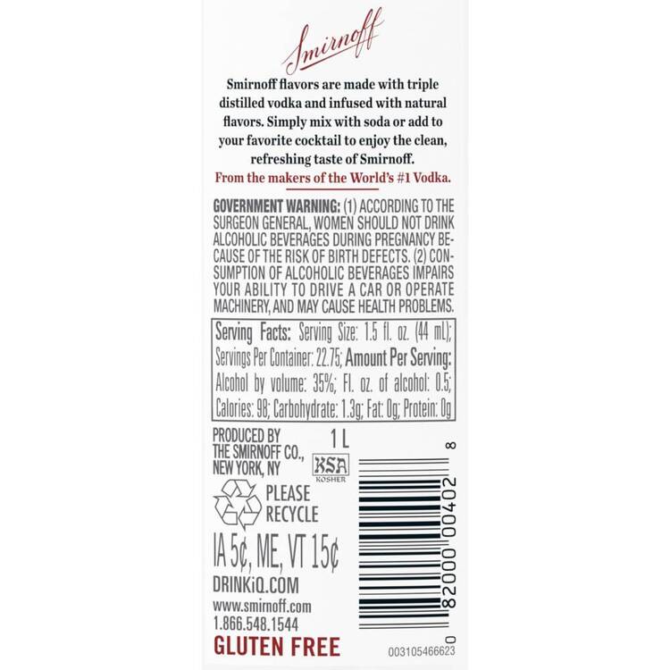 Smirnoff Vodka Vanilla Flavored 60 - 1.0L - Back Label